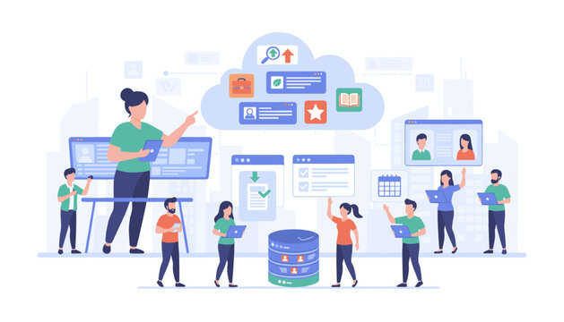 Diverse team of professionals collaborating on a cloud-based HR management system, showcasing data analysis, task management, and employee profiles for efficient human resource operations and