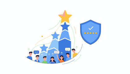 Conceptual illustration of business performance evaluation and security, featuring a team of diverse professionals celebrating success with stars and a shield icon symbolizing data protection and