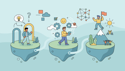 Modern flat vector illustration depicting a business onboarding concept with three distinct stages: initial idea and entry through a portal, development and processing with gears and technology, and