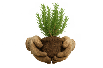 Hands holding green plant with soil, symbolizing new life, growth, and environmental care, transparent background