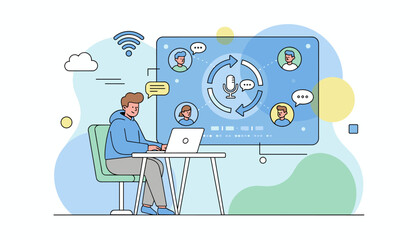 Vivid illustration of an online webinar concept, featuring a person using a laptop for e-learning and web conferencing, with a central screen displaying a microphone icon surrounded by avatars and