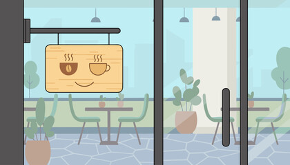 Charming wooden cafe sign with a smiling coffee cup and bean illustration, hanging outside a modern restaurant or coffee shop with outdoor seating, inviting customers in for a warm beverage and