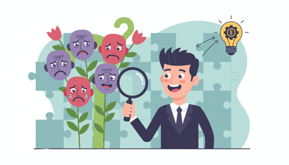 Man with magnifying glass analyzing sad faces on flowers, representing customer feedback and pain points, leading to a bright idea lightbulb with dollar sign, symbolizing business growth and