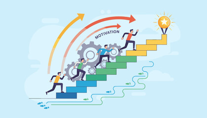 Dynamic illustration of diverse people running up a vibrant staircase towards a shining star goal, symbolizing motivation, progress, teamwork, and achieving success through collective effort and