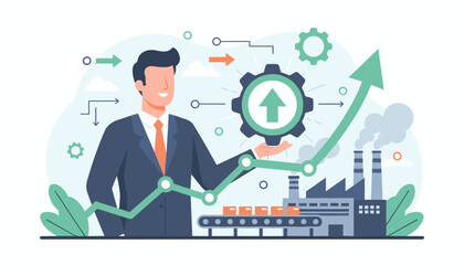 Business growth concept with a smiling businessman in a suit holding a gear with an upward arrow, symbolizing increased productivity and industrial progress, alongside a factory and conveyor belt