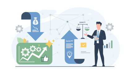 Businessman overseeing quality control and cost reduction with upward trend graph and gears, symbolizing business growth and efficiency, presented with a balanced scale and financial decrease icon.