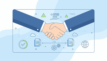 Digital procurement interface with a handshake icon, symbolizing business agreement and partnership, with gears, documents, and global network elements, representing modern transaction and