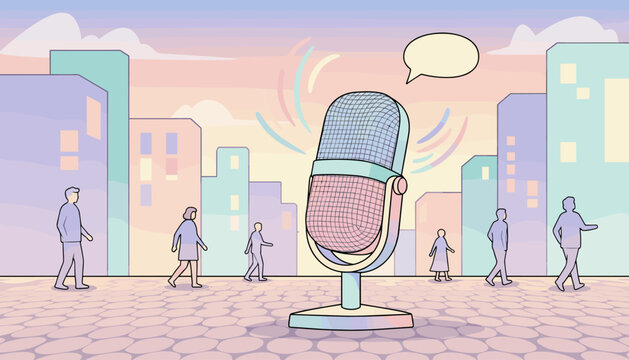 A stylized, pastel-colored microphone stands prominently on an urban sidewalk, emitting colorful sound waves, with simplified city buildings and a soft sky in the background, and silhouetted figures
