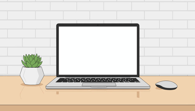 Modern minimalist workspace setup featuring an open laptop with a blank white screen, a sleek computer mouse, and a small potted succulent plant on a polished wooden table against a white brick wall