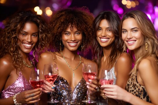 Diverse women friends celebrating party drinking rose wine