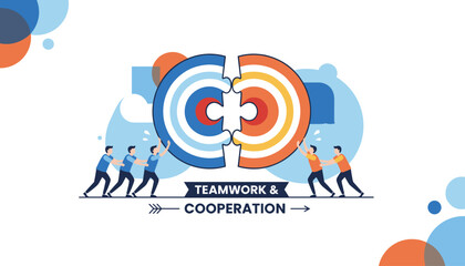 Vivid vector illustration depicting the powerful connection and synergy of teamwork and cooperation, with diverse individuals collaboratively pushing puzzle pieces together to form a unified whole