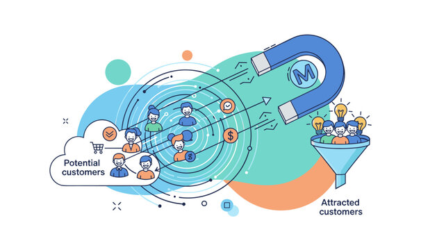Conceptual vector illustration depicting the process of digital marketing and customer acquisition, showing potential customers being attracted by a large magnet into a funnel, symbolizing lead