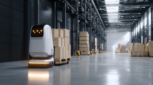 Autonomous robot operating in modern warehouse for efficient logistics and inventory management
