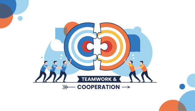 Vivid vector illustration depicting the powerful connection and synergy of teamwork and cooperation, with diverse individuals collaboratively pushing puzzle pieces together to form a unified whole