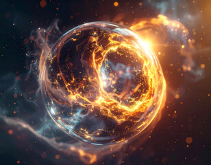 Obraz premium Celestial Sphere: A cosmic spectacle unfolds, with a vibrant energy sphere radiating and swirling within a nebula, displaying an awe-inspiring vista of deep space and interstellar artistry.
