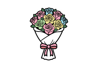 Colorful Rose Bouquet Illustration with Pink Ribbon.