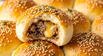 Delicious baked savory meat filled buns topped with sesame seeds