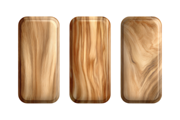 Three natural wood blocks displaying unique warm golden brown grain patterns ideal for rustic elegant design abstract textures organic material transparent background
