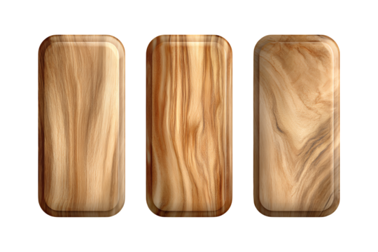 Three natural wood blocks displaying unique warm golden brown grain patterns ideal for rustic elegant design abstract textures organic material transparent background - Powered by Adobe