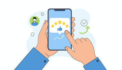Close-up of a person's hands holding a smartphone displaying a positive customer review with five golden stars and a thumbs-up icon, symbolizing excellent feedback and satisfaction, with a graph