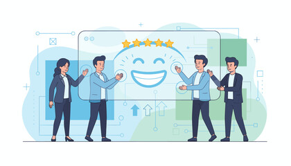 Customer service and satisfaction concept, business professionals interacting with a digital interface displaying a five-star rating and a happy smiley face, symbolizing excellent feedback and