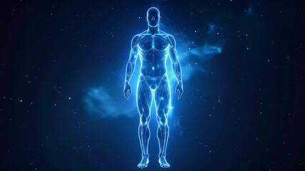 A glowing blue human figure is displayed against a dark, nebulous background. - Powered by Adobe