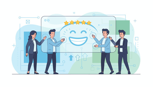 Customer service and satisfaction concept, business professionals interacting with a digital interface displaying a five-star rating and a happy smiley face, symbolizing excellent feedback and