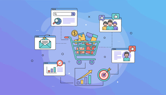 Digital online marketing and e-commerce sale concept, represented by a shopping cart filled with products, connected to icons for search, email, customer feedback, analytics, and a target
