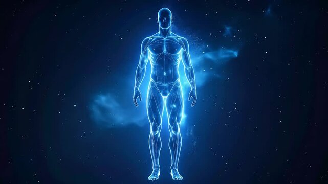 A glowing blue human figure is displayed against a dark, nebulous background.