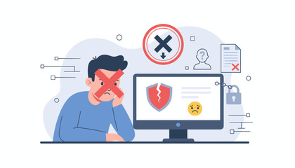 Modern flat vector illustration of a frustrated person with a red cross over their face, symbolizing failed KYC verification, with a broken shield on a computer screen, a sad emoji, a locked padlock