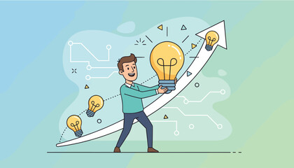 Man holding a glowing light bulb, symbolizing innovation and creativity, ascending on a growth chart with multiple idea bulbs, representing business success and technological advancement, against a