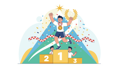 Modern flat illustration concept of success, a triumphant male athlete crossing the finish line, receiving a gold medal and laurel wreath, celebrated on a winner's podium with confetti and mountains