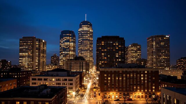 City skyline glowing as urban lights illuminate at twilight in a seamless timelapse energy, transformation, dusk