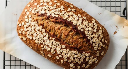 Fototapeta premium Rustic whole grain bread loaf with oats on a cooling rack