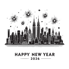 Fototapeta premium New York City Skyline Outline with Fireworks odern Happy New Year 2026 Design 