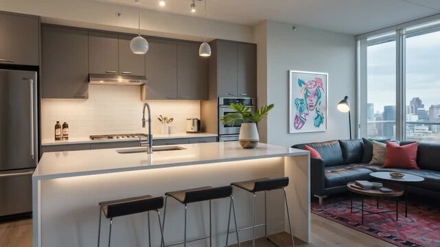 Modern open-plan apartment kitchen and living area with city view