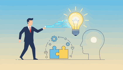 Business professional connecting digital data streams to a glowing light bulb symbolizing a successful idea generation and innovation, with puzzle pieces and gears representing teamwork and