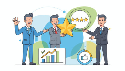 Three businessmen in suits collaborate to showcase a golden star rating and positive feedback, symbolizing excellent customer evaluation and business success with a graph and thumbs-up icon.
