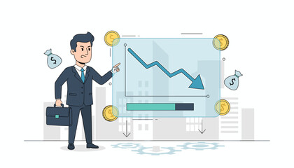 Business finance concept of cost reduction and financial crisis, with a businessman pointing at a downward trending graph, money bags, coins, and gears symbolizing economic recession and budget cuts