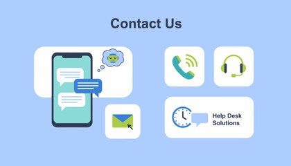 Contact Us Interface with Mobile Chat, AI Chatbot, Phone Call Icon, Email Icon, and Headset for Customer Support and Help Desk Solutions, Illustrating Digital Communication and Online Assistance