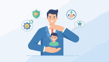 Conceptual illustration of a businessman protecting a customer, symbolizing customer retention and loyalty. Surrounding icons represent business growth, partnership, security, and customer