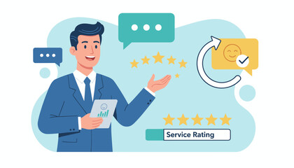 Positive Customer Evaluation and Feedback: A Man in a Suit Presents Service Rating with Stars, Charts, and Chat Bubbles, Illustrating Excellent Customer Experience and Satisfaction in Business