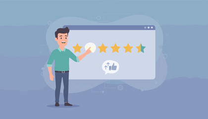 Casual businessman interacting with a digital interface, selecting a star rating to provide feedback on a customer service experience, with a thumbs up and upward arrows icon indicating positive