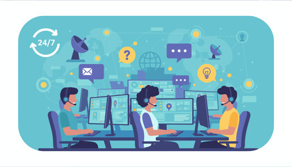 Diverse team of customer service operators working 24/7 in a modern call center, communicating via headsets and computers, surrounded by network connections, data streams, and communication icons