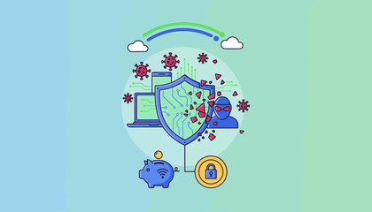 Cybersecurity concept with a hacker attacking a digital shield protecting devices and a piggy bank, representing data protection and financial security against viruses and online threats, modern flat