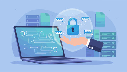 Cybersecurity concept illustration featuring a hand presenting a glowing padlock symbol, surrounded by abstract digital circuits, password indicators, and server racks, symbolizing data protection