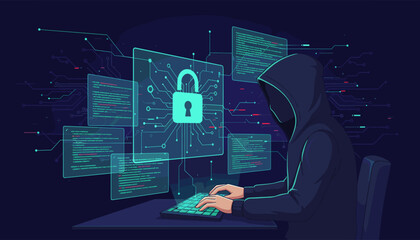Cybersecurity concept with a hooded hacker typing on a keyboard, surrounded by glowing digital screens displaying code and a prominent padlock icon, symbolizing internet crime and data protection in
