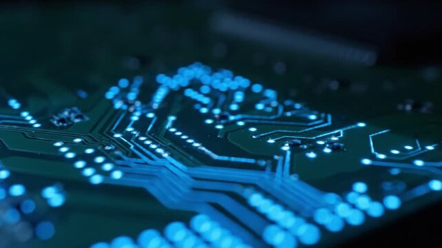 Close up view of circuit board featuring glowing blue lights and intricate patterns, highlighting connections in electronics, showcasing innovation and advanced technology in captivating manner