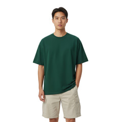 Fototapeta premium Portrait of a confident young asian man showcasing a green t-shirt against a transparent setting
