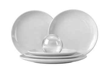 Classic white ceramic dinnerware set ready for elegant dining and everyday meals pure simple tableware collection transparent background